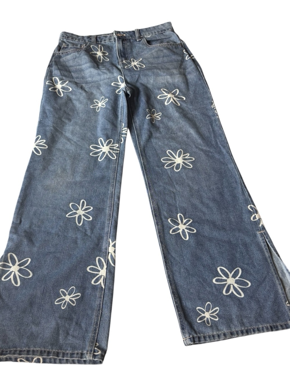 Justice Blue Wide-Leg Jeans with White Floral Print